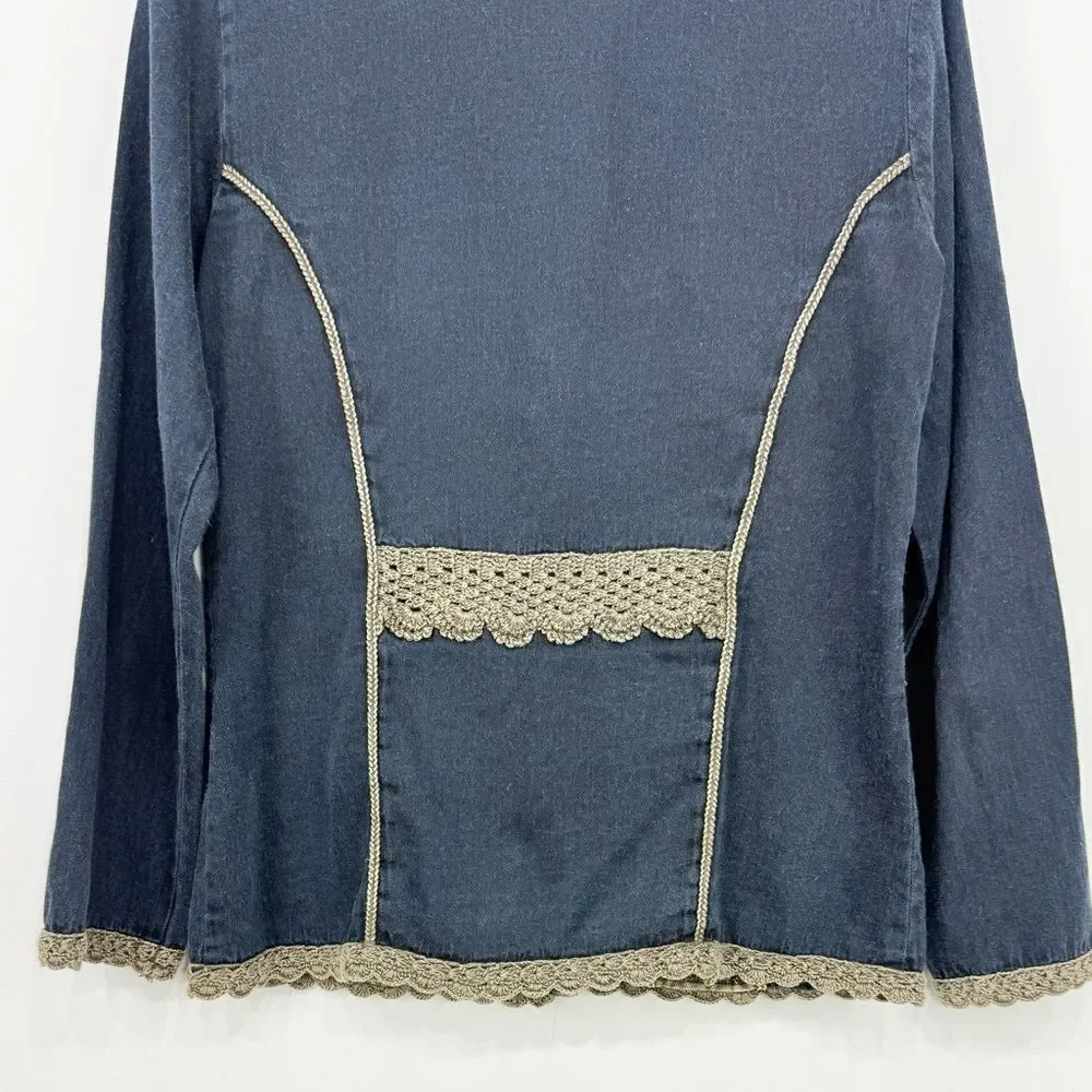 Parsley & Sage Blue Tan Cotton Denim Embroidered Lightweight Boho Jacket